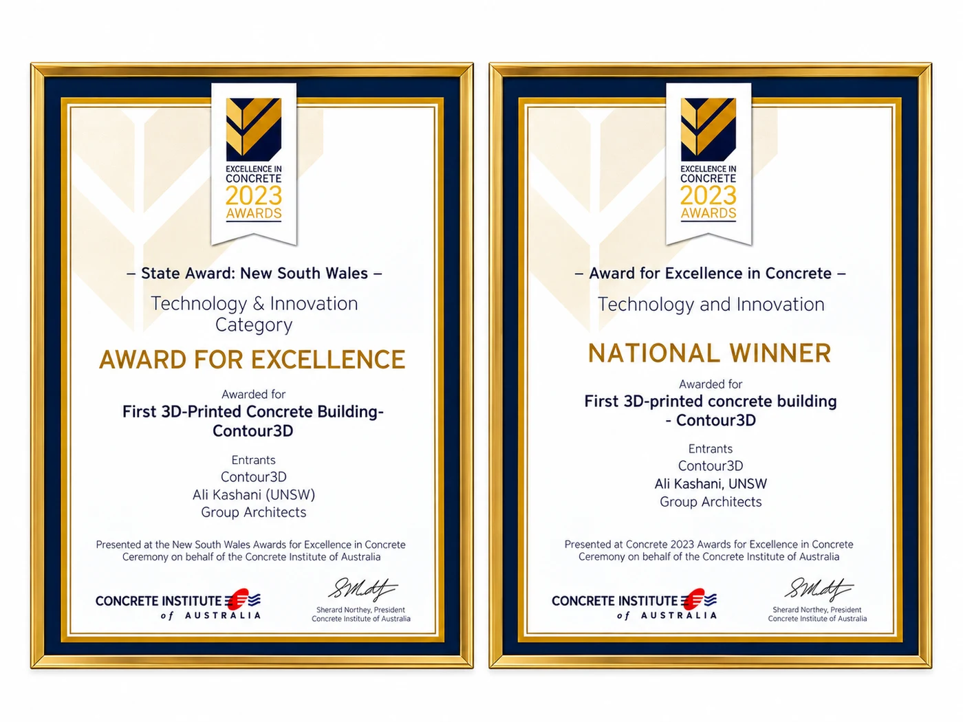 Concrete Institute of Australia certificates: the New South Wales Award for Excellence and the National Winner, Technology and Innovation, for the first 3D printed concrete building