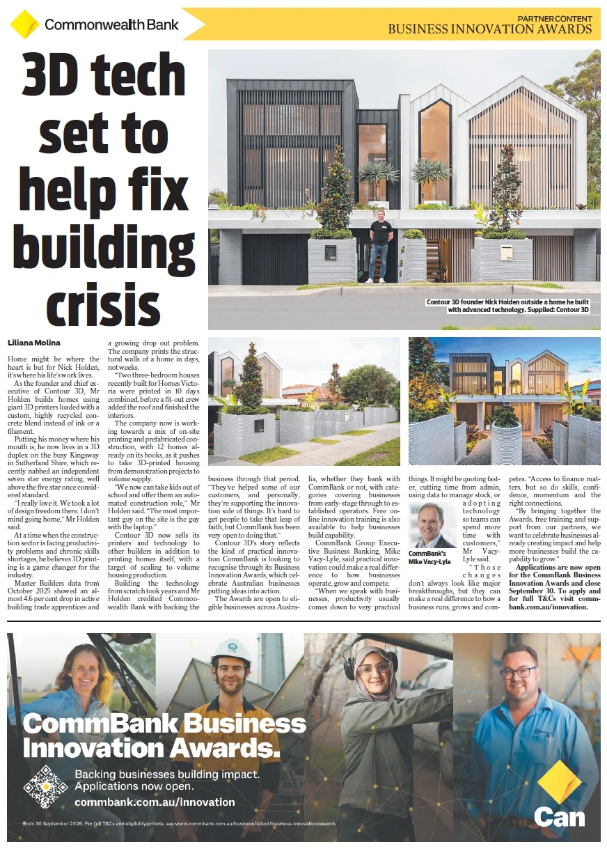 Commonwealth Bank Business Innovation Awards feature, 3D tech set to help fix building crisis, with Contour3D founder Nick Holden