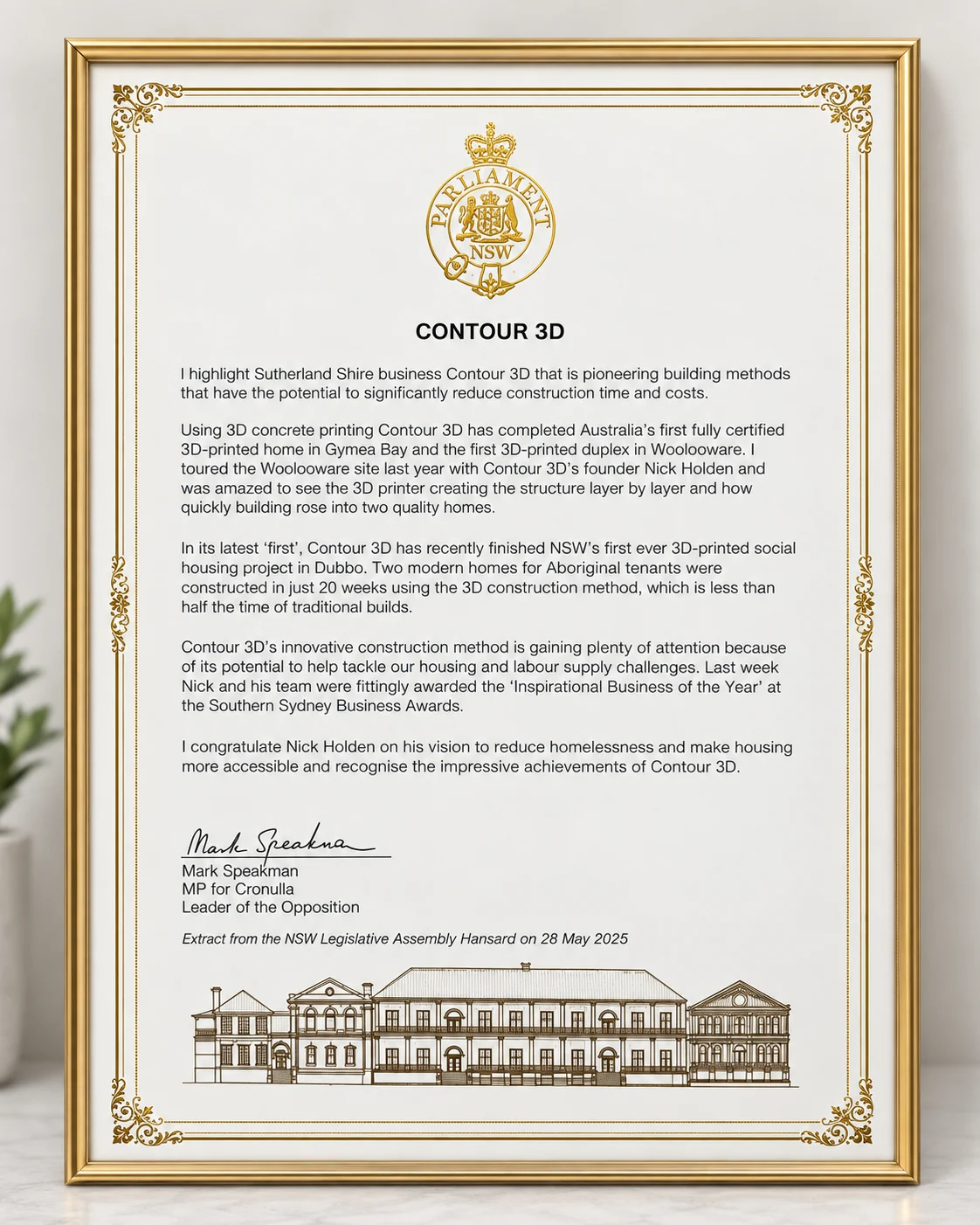 Framed extract from the NSW Legislative Assembly Hansard recognising Contour3D, signed by Mark Speakman MP