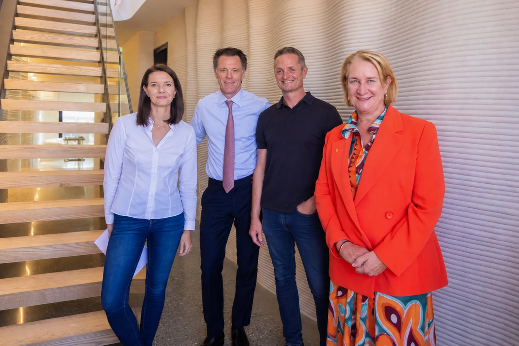 Inside a completed Contour3D printed home during the NSW Government visit, with the printed layer lines visible behind