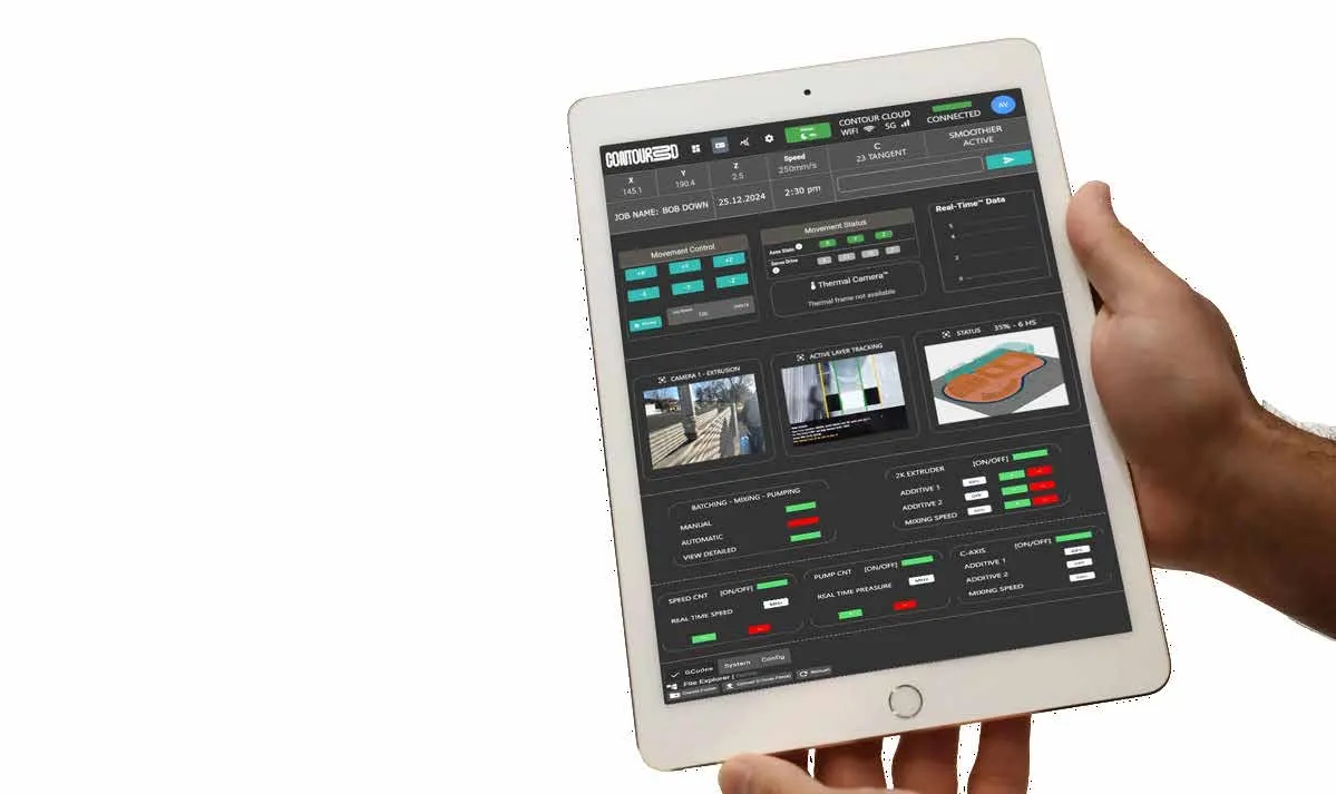 The Contour Cloud control interface on a tablet, showing live camera feeds and machine controls