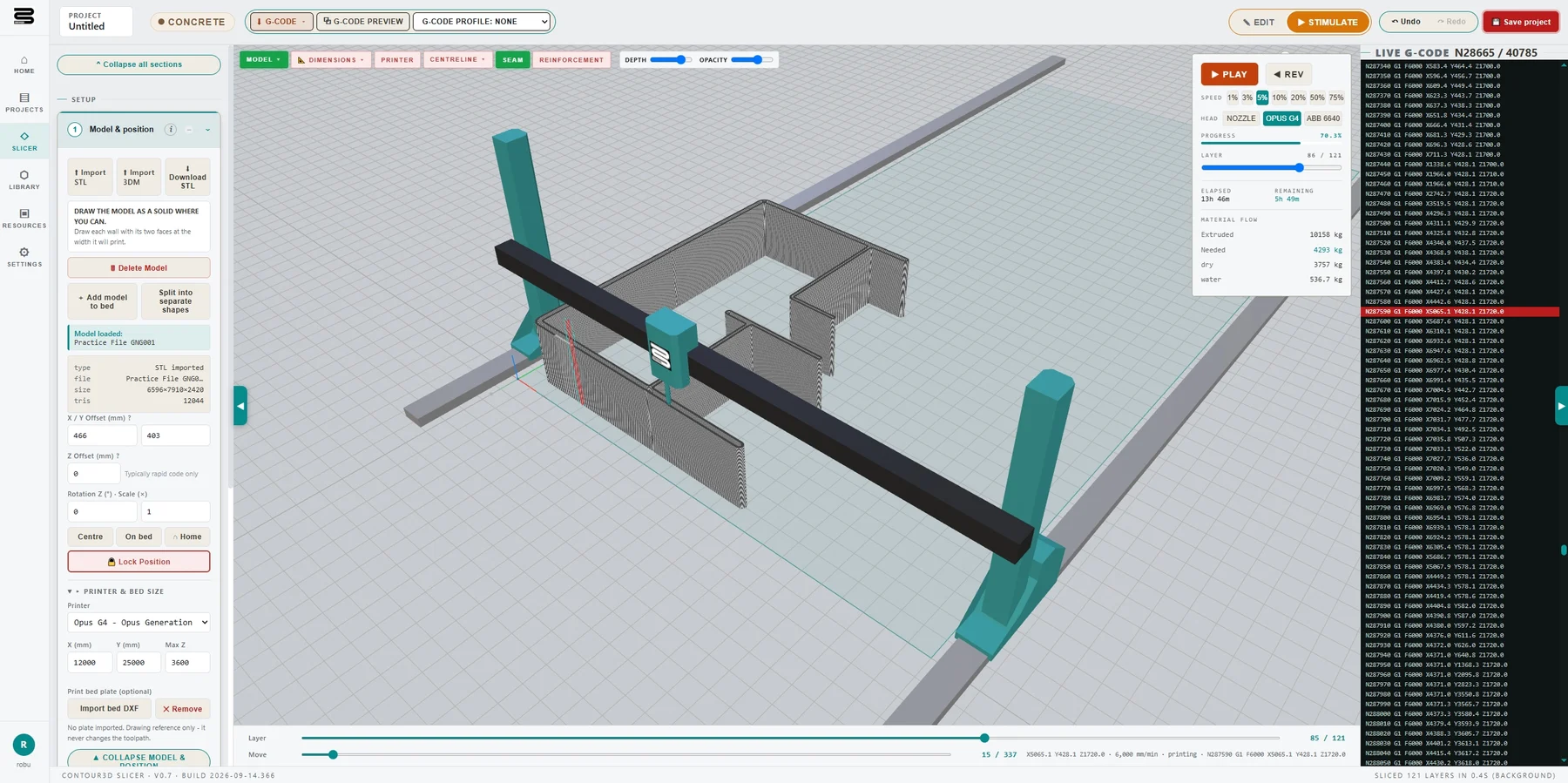 The slicer simulating a print, the gantry tracking the toolpath with live G-code alongside