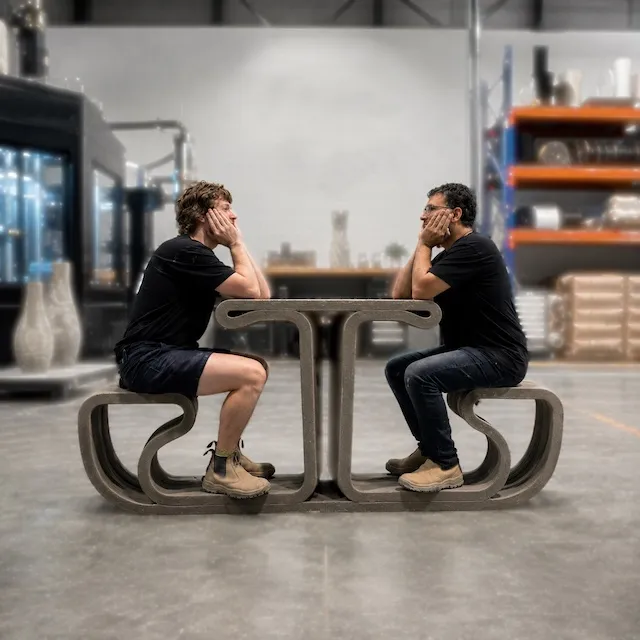 A 3D printed concrete table and bench set in the Contour3D factory