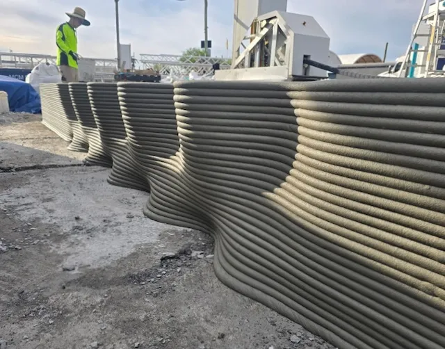On-site 3D printing of a long curved retaining wall