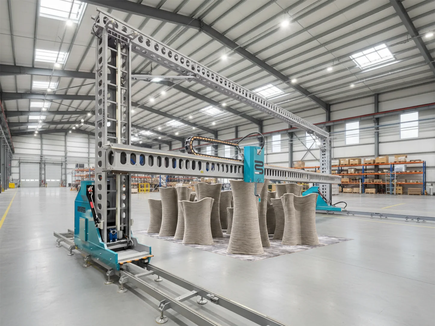 The OPUS gantry printing columns on the factory floor