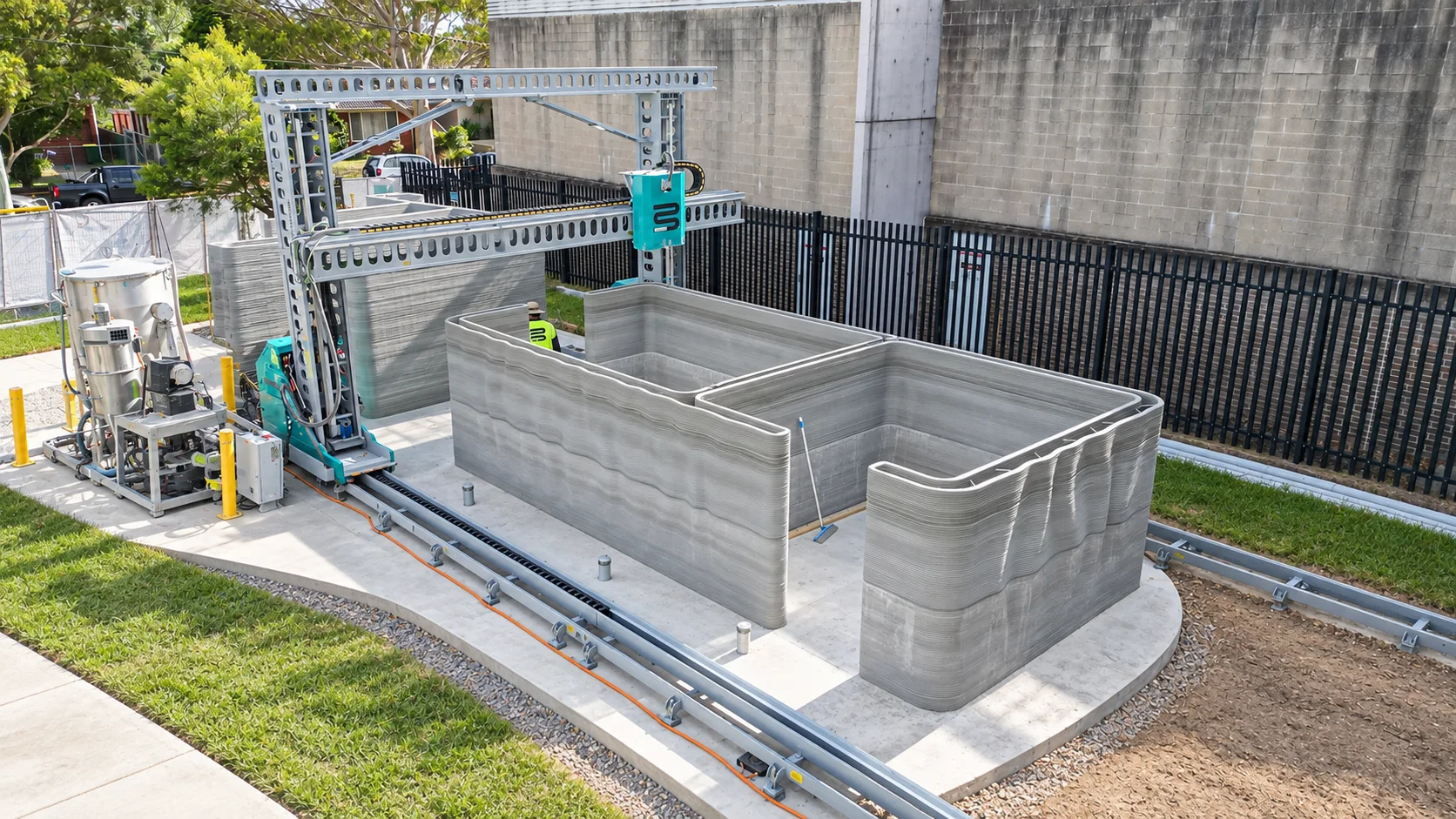 The OPUS gantry and its batching plant printing the Engadine amenities walls on site