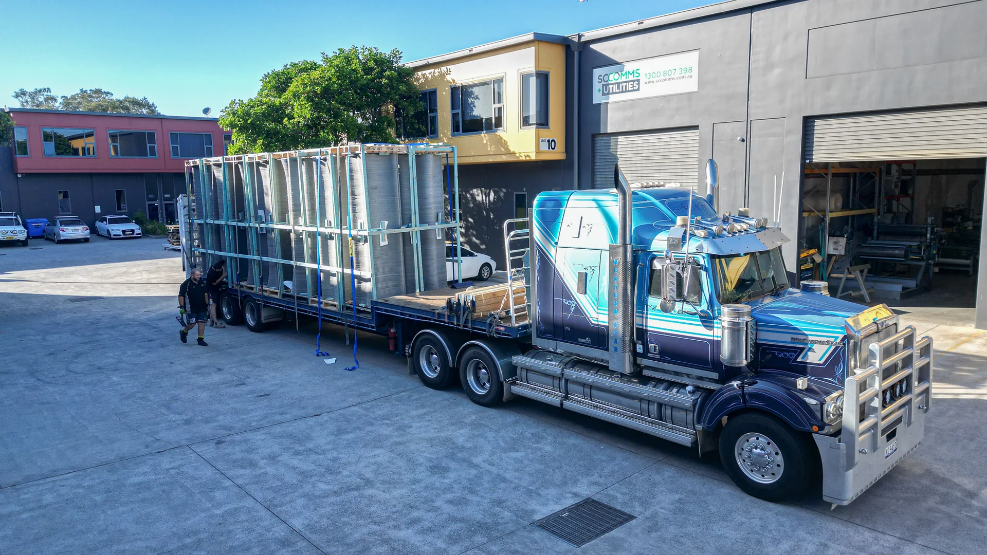 Printed columns strapped to a truck at the Contour3D factory door