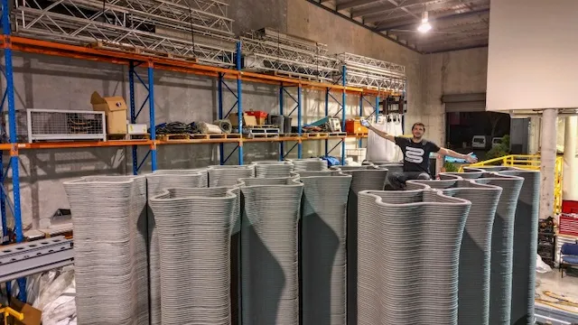 Printed structural columns racked in the Contour3D factory